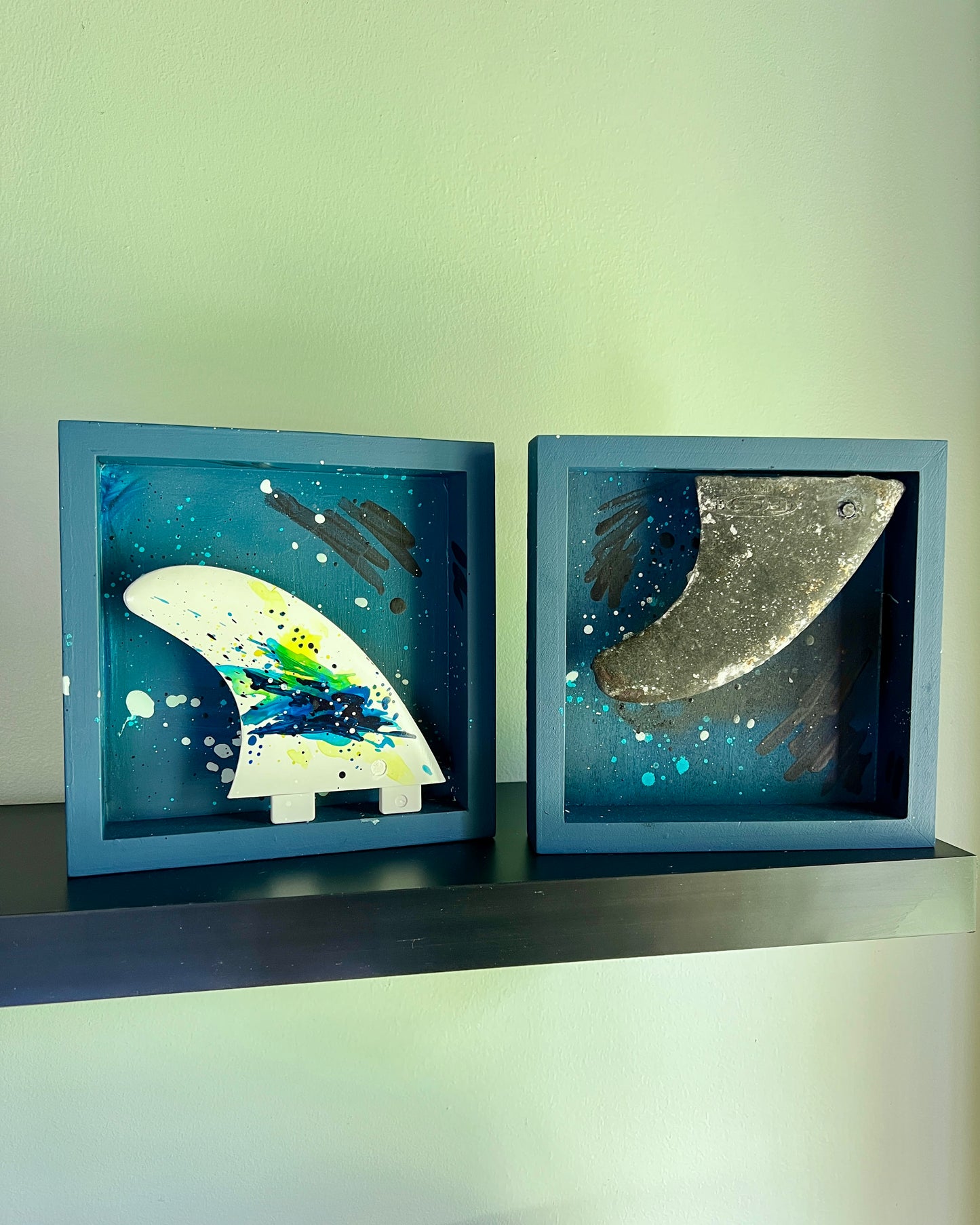 Fin Box — Original Painting Mixed Media Wall Sculpture No. 5/6 (Black Fin with Marine Encrustation)